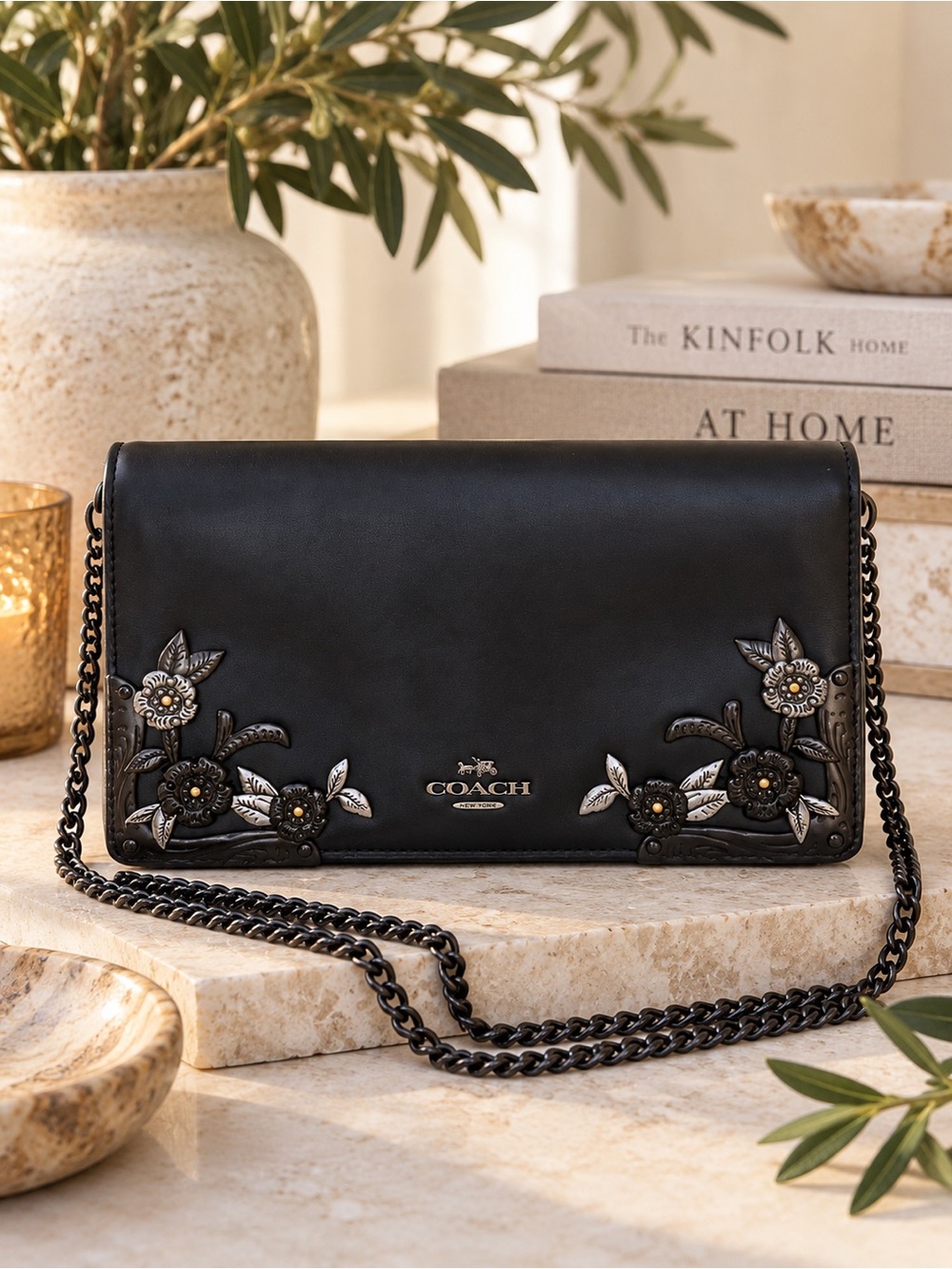 Coach Callie Foldover Chain Clutch Metal Tea Rose Black Leather